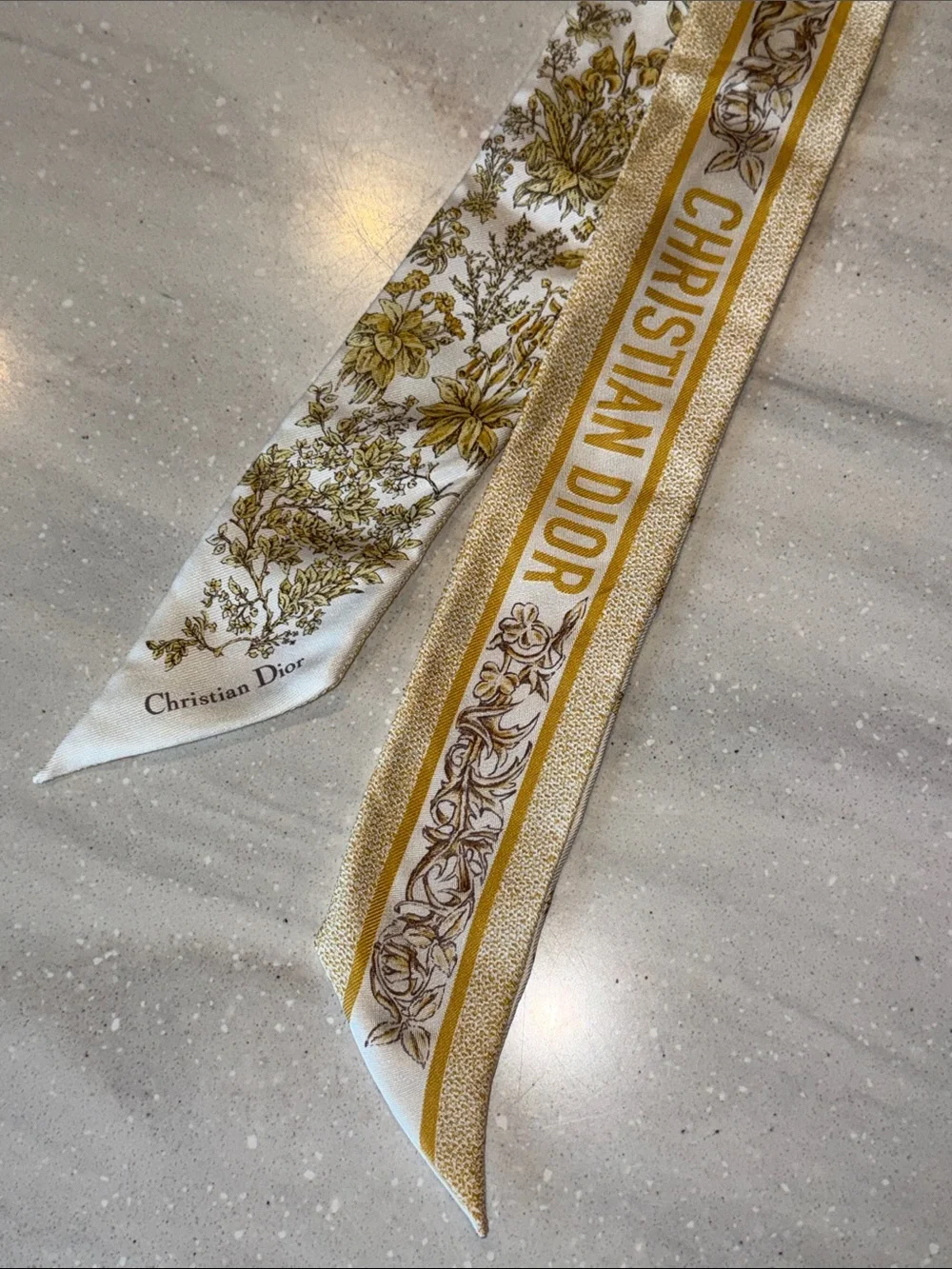 Authentic Dior Gold & White Logo Floral Silk Mitzah Scarf